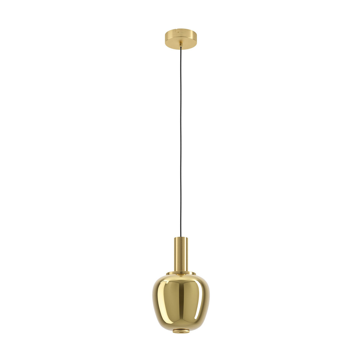 Fruitera Glass Pendant Light 21cm in brushed brass, featuring a rounded apple-shaped gold glass shade below a slim cylindrical neck and round ceiling canopy, shown on a white background.