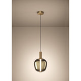 Fruitera Glass Pendant Light 25cm in Brushed Brass, with an apple-shaped gold vaporised glass shade and central LED tube, hung from a black cord and round ceiling canopy against a plain background.