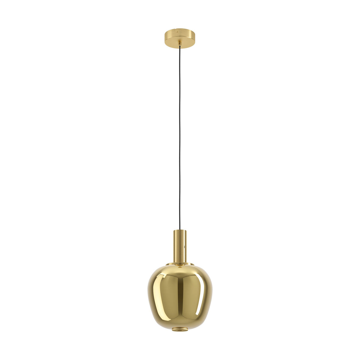 Fruitera Glass Pendant Light 25cm in brushed brass, with an apple-shaped gold-toned glass shade on a slim black cord from a round ceiling canopy, shown on a white background.