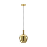 Fruitera Glass Pendant Light 25cm in brushed brass, with an apple-shaped gold-toned glass shade on a slim black cord from a round ceiling canopy, shown on a white background.