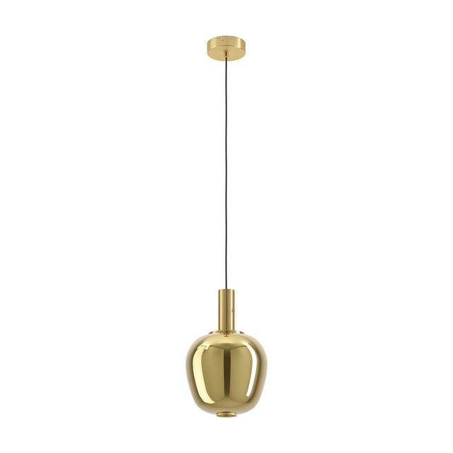 Fruitera Glass Pendant Light 25cm in brushed brass, with an apple-shaped gold-toned glass shade on a slim black cord from a round ceiling canopy, shown on a white background.