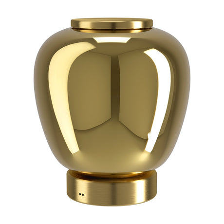 Fruitera LED Table Lamp in Brushed Brass, with a rounded, vase-shaped glass body in mirror-like gold between a flat brushed brass cap and round base, on a plain white background.