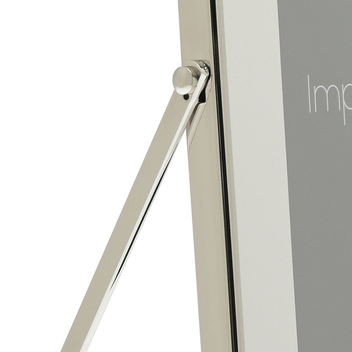 Close-up of the silver photo frame's hinged strut stand and white mount edge, shown against a plain white background.