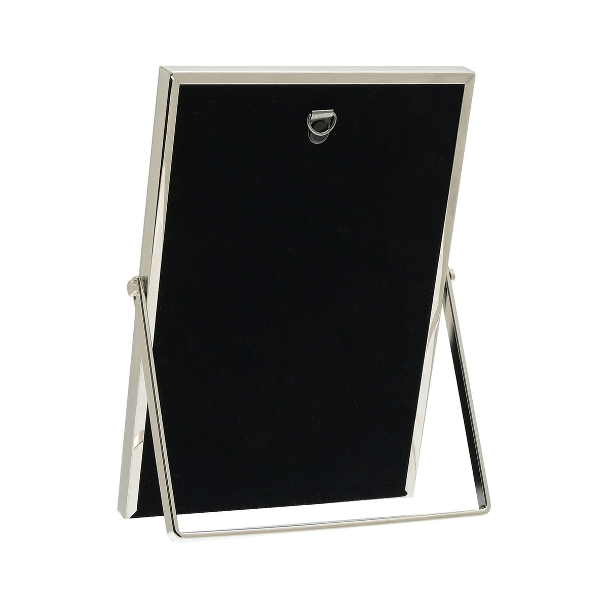 Rear view of the Photo Frame with Border and Strut Stand in silver, showing the black backing, hanging hook, and silver fold-out strut stand on a white background.