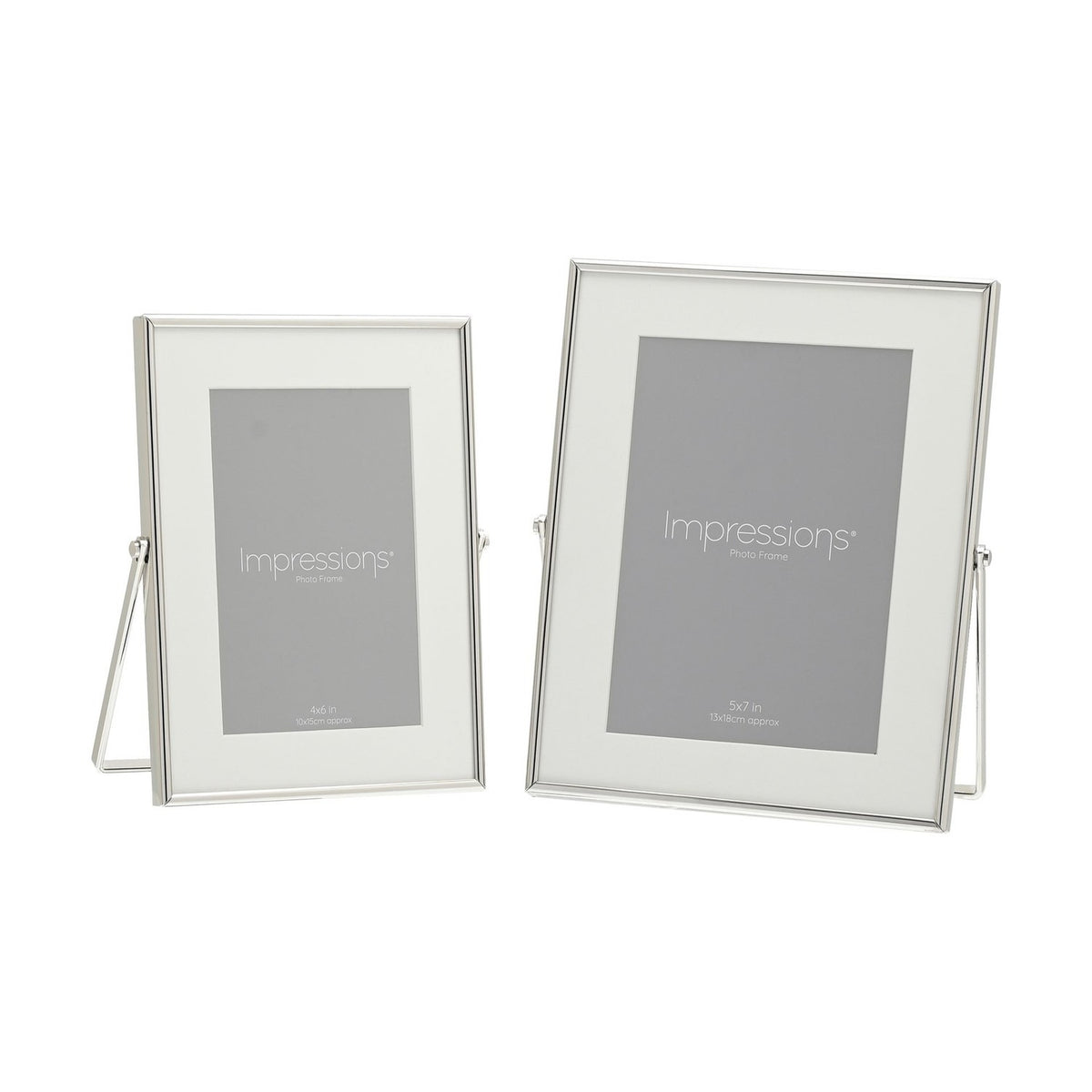 Two rectangular photo frames with slim silver edges and white mounts, in 4x6in and 5x7in sizes, each on a silver strut stand against a plain white background.