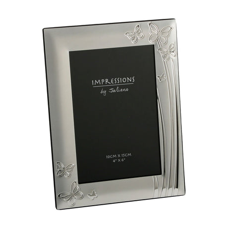 Silver plated rectangular photo frame with satin border, outlined butterfly motifs and polished grass-like stems, holding a 4"x6" photo, shown on a white background.