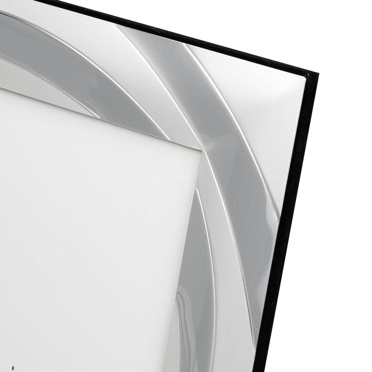 Close-up of the Two Tone Swirl Silverplated Photo Frame 7 x 5in corner, showing overlapping silver bands in polished and satin finishes against a white insert.