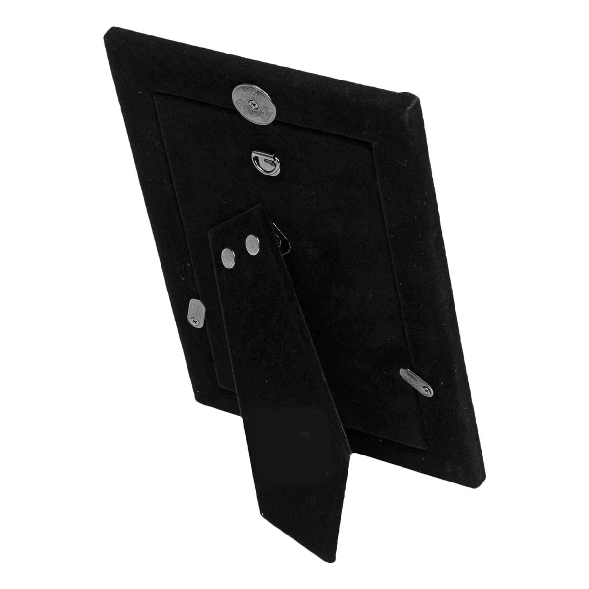 Rear view of the Two Tone Swirl Silverplated Photo Frame 7 x 5in, black velvet backing with fold-out stand and metal hanging hardware, on a white background.