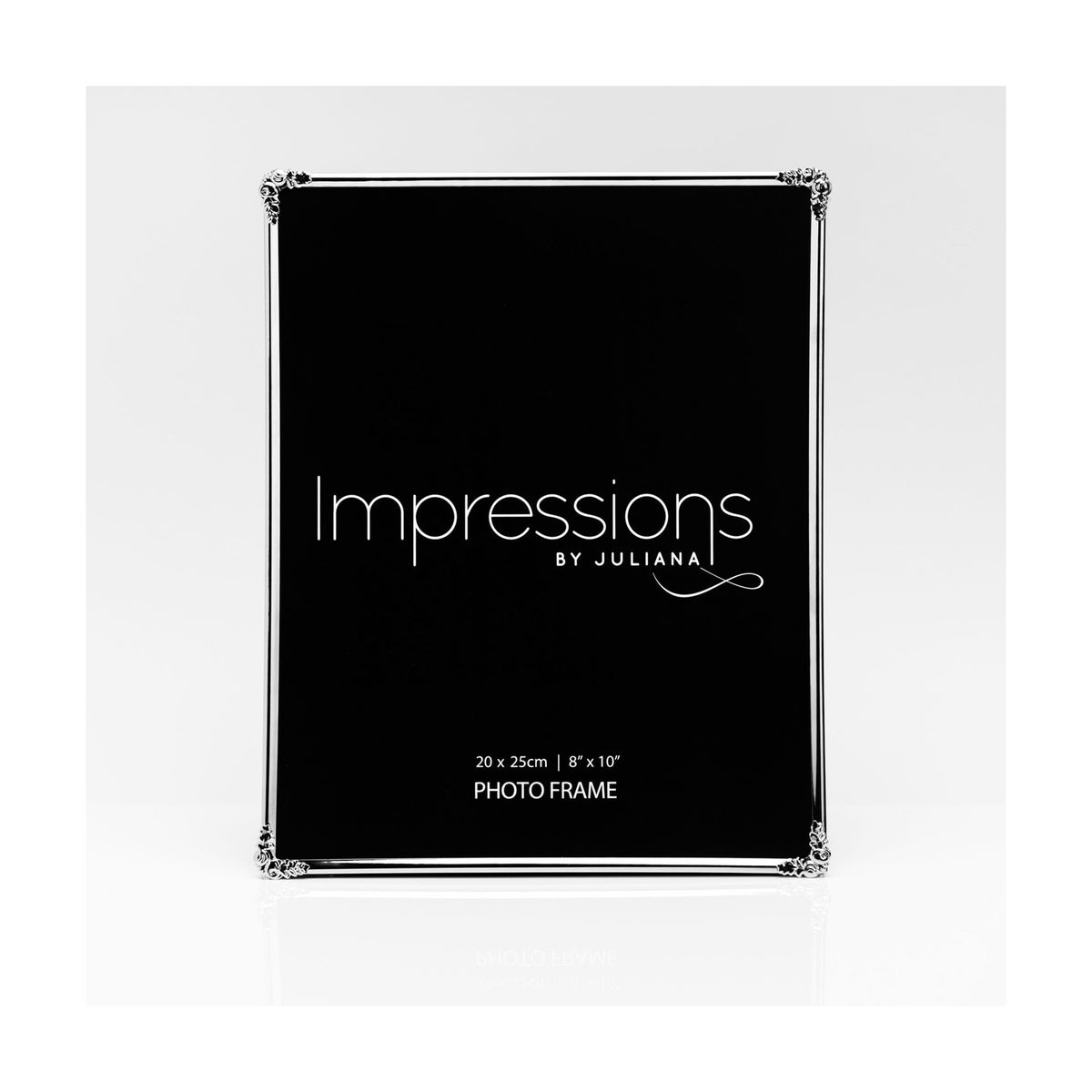 Silverplate photo frame for a 10 x 8in picture, with slim polished silver moulding and rose-and-leaf ornaments at each corner, shown upright on a plain white background.