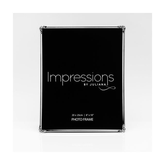 Silverplate photo frame for a 10 x 8in picture, with slim polished silver moulding and rose-and-leaf ornaments at each corner, shown upright on a plain white background.