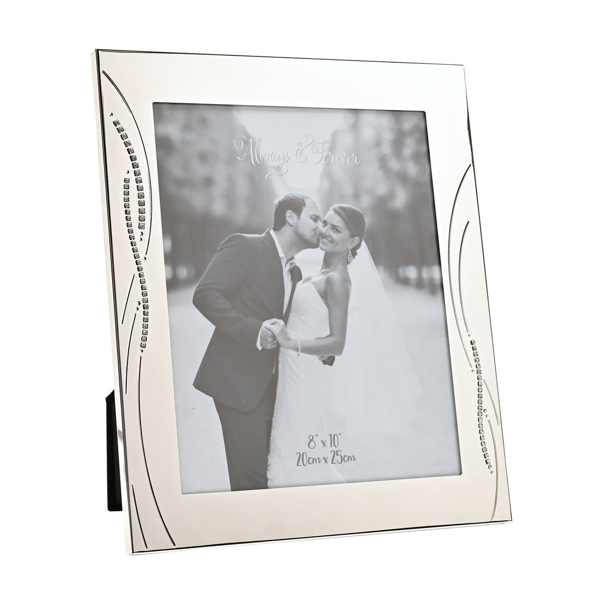 Rectangular silverplated photo frame with a polished silver finish, featuring curved crystal reed detailing along each side and a 10 x 8in opening, shown on a plain white background.