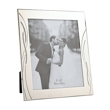 Rectangular silverplated photo frame with a polished silver finish, featuring curved crystal reed detailing along each side and a 10 x 8in opening, shown on a plain white background.