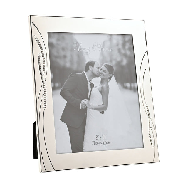 Rectangular silverplated photo frame with a polished silver finish, featuring curved crystal reed detailing along each side and a 10 x 8in opening, shown on a plain white background.