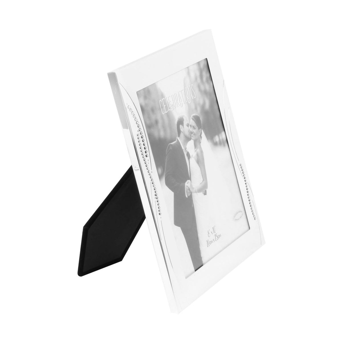 Silverplated rectangular photo frame with crystal reed detailing along each side, shown at an angle with a black easel back on a white background.