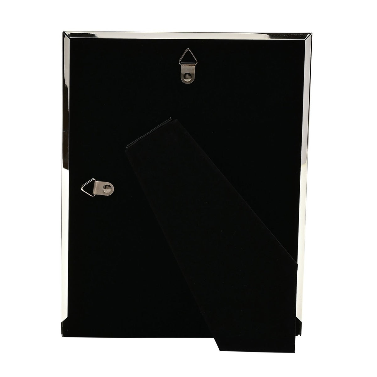 Rear view of the Crystal Reed Design Silverplated Photo Frame 10 x 8in, showing a black velvet back panel, fold-out stand, and two hanging hooks, on a plain white background.