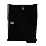 Rear view of the Crystal Reed Design Silverplated Photo Frame 10 x 8in, showing a black velvet back panel, fold-out stand, and two hanging hooks, on a plain white background.