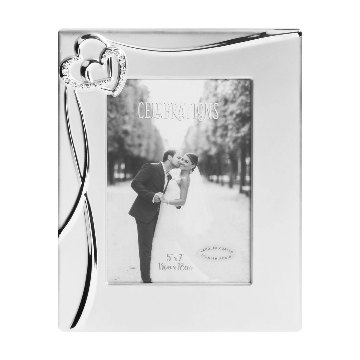 Wedding 3D Waves and 2 Hearts Photo Frame 7 x 5in - Silver