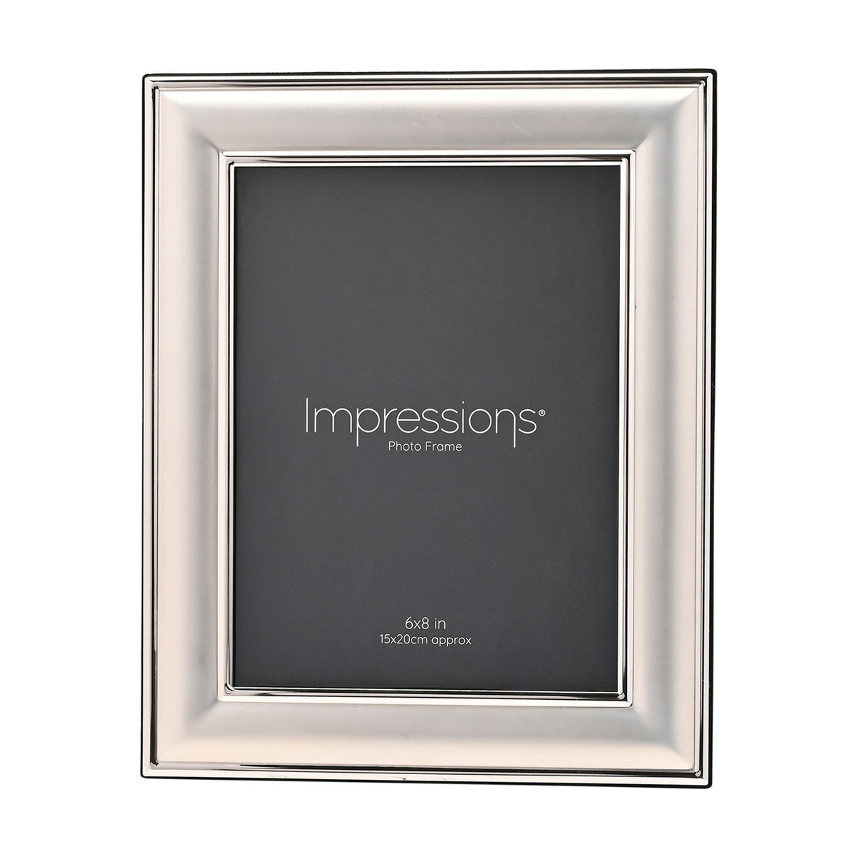 Silverplated rectangular metal photo frame with a broad satin silver band and polished edge lines, holding an 8 x 6in photo, shown on a plain white background.