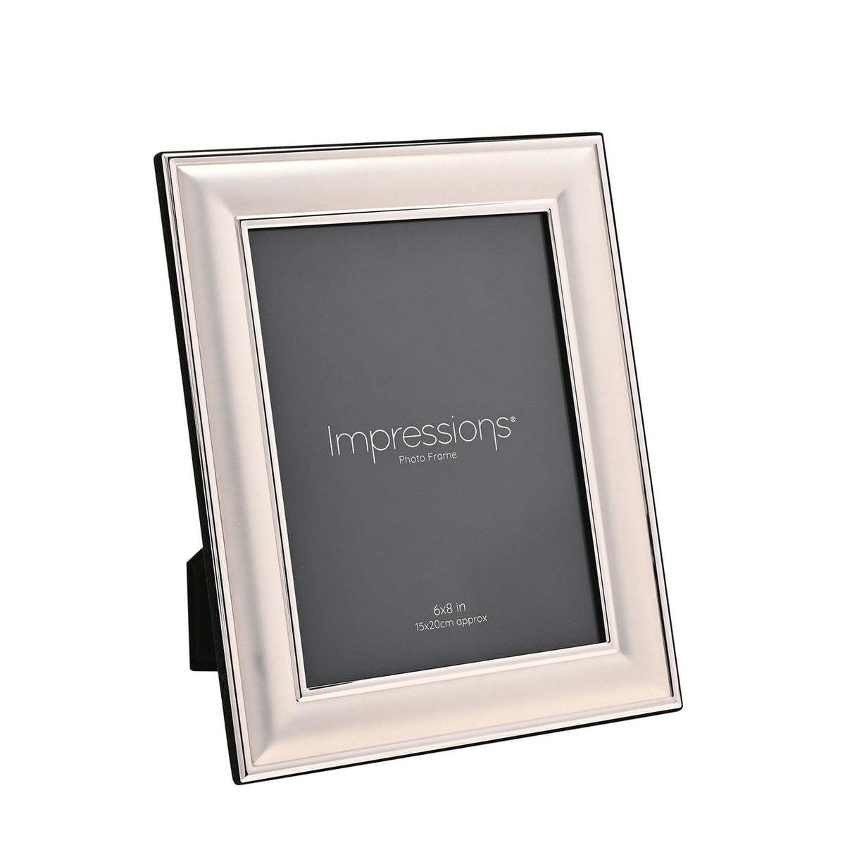 Silverplated rectangular metal photo frame with a broad satin silver border and polished edge lines, holding an 8 x 6in photo, shown at an angle on a plain white background.
