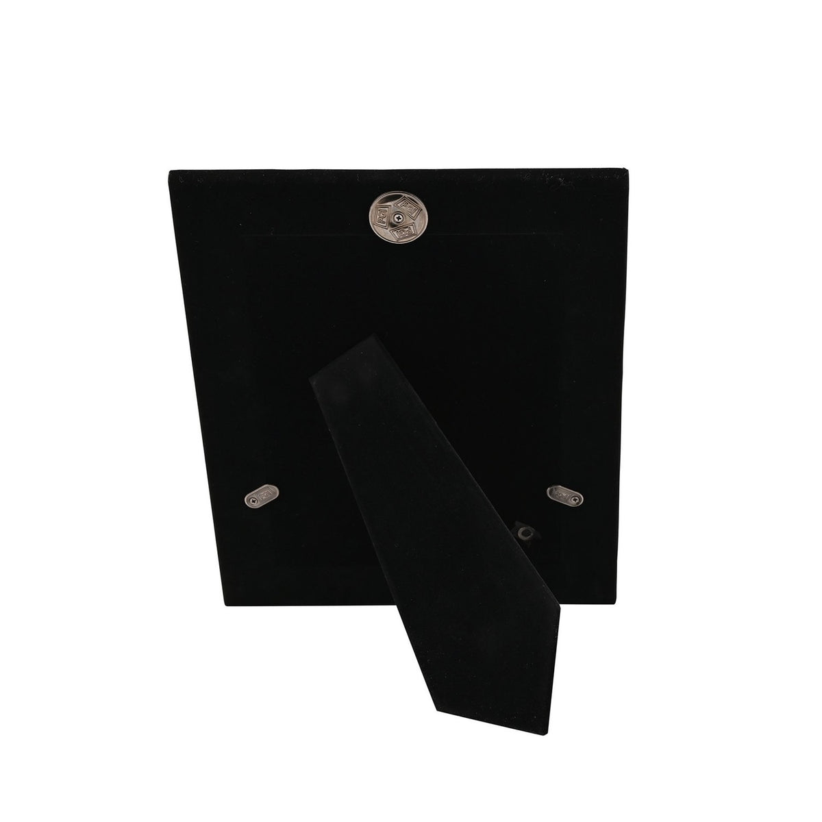 Rear view of the Silverplated Border Edge Metal Photo Frame 8 x 6in in silver, showing black velvet backing, hinged metal easel stand, and hanging tabs on a white background.