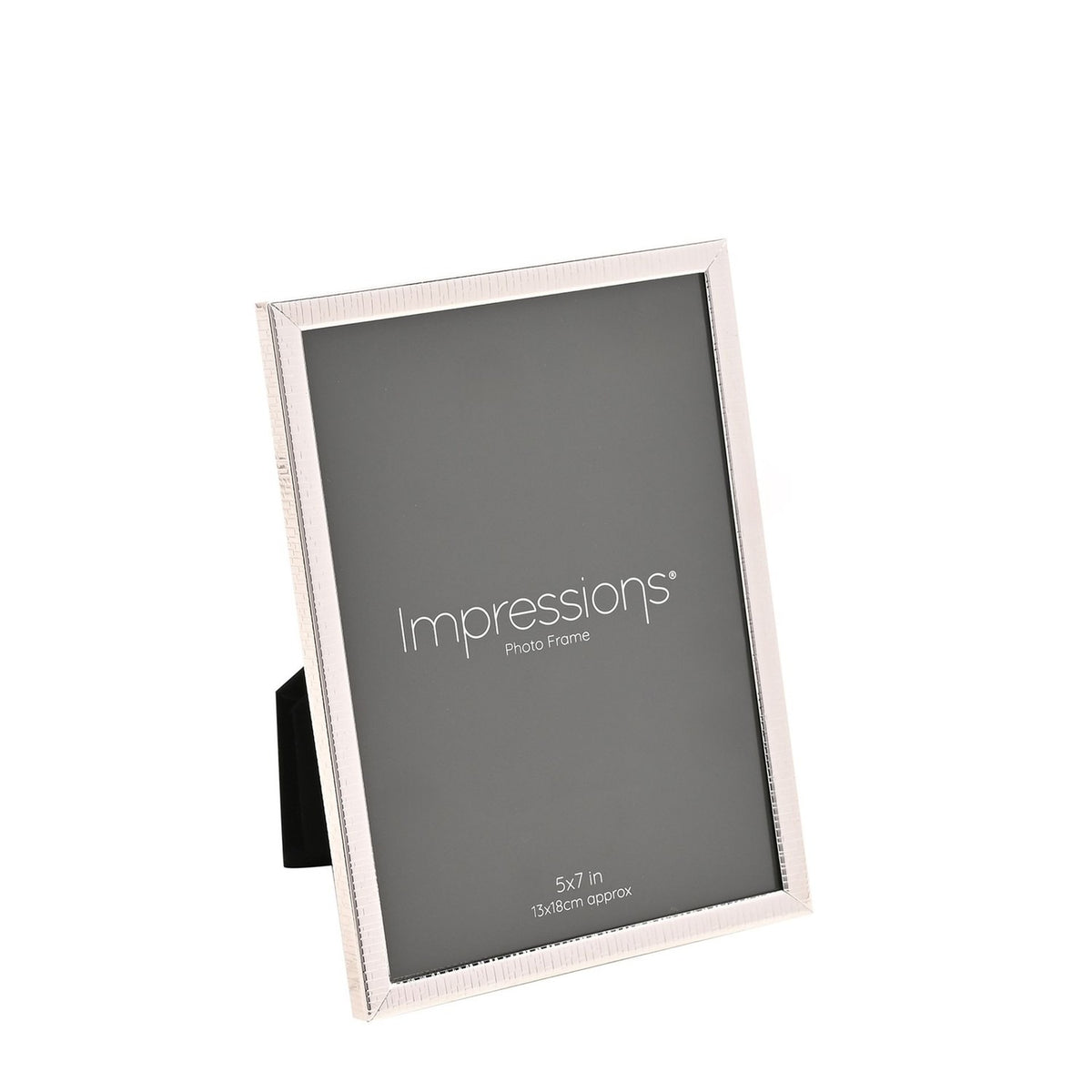 Rectangular silverplated photo frame with a thin crackled-texture border, shown at an angle on a plain white background, holding a 5x7in Impressions insert card.