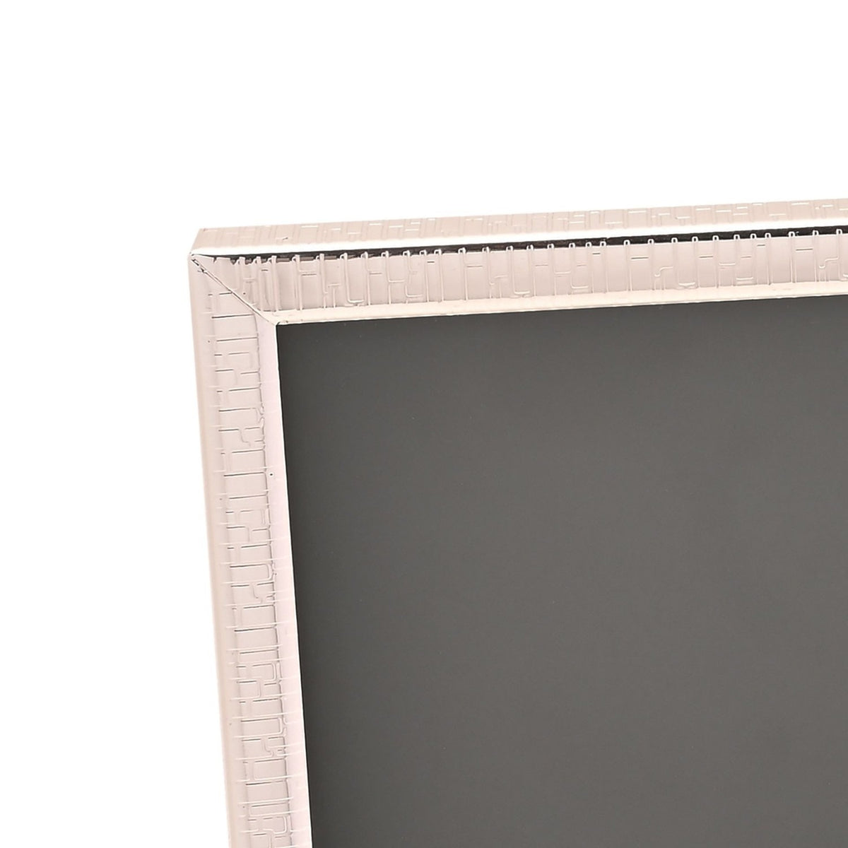 Close-up of a rectangular silverplated photo frame with a thin edge and crackled texture border, shown corner-detail against a plain white background.