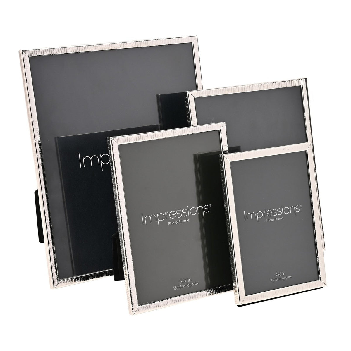 Four silverplated rectangular photo frames in varying sizes with thin crackled-texture borders, standing upright on a plain white background.