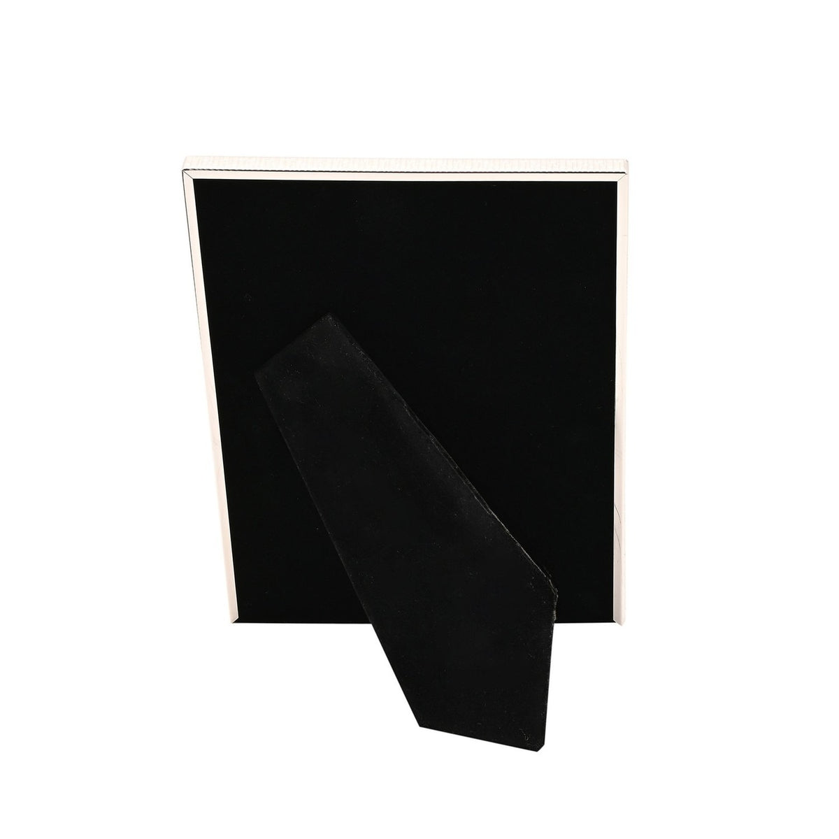 Rectangular silverplated photo frame with a thin crackled-texture border, shown rear view with black velvet backing and attached stand, on a plain white background.