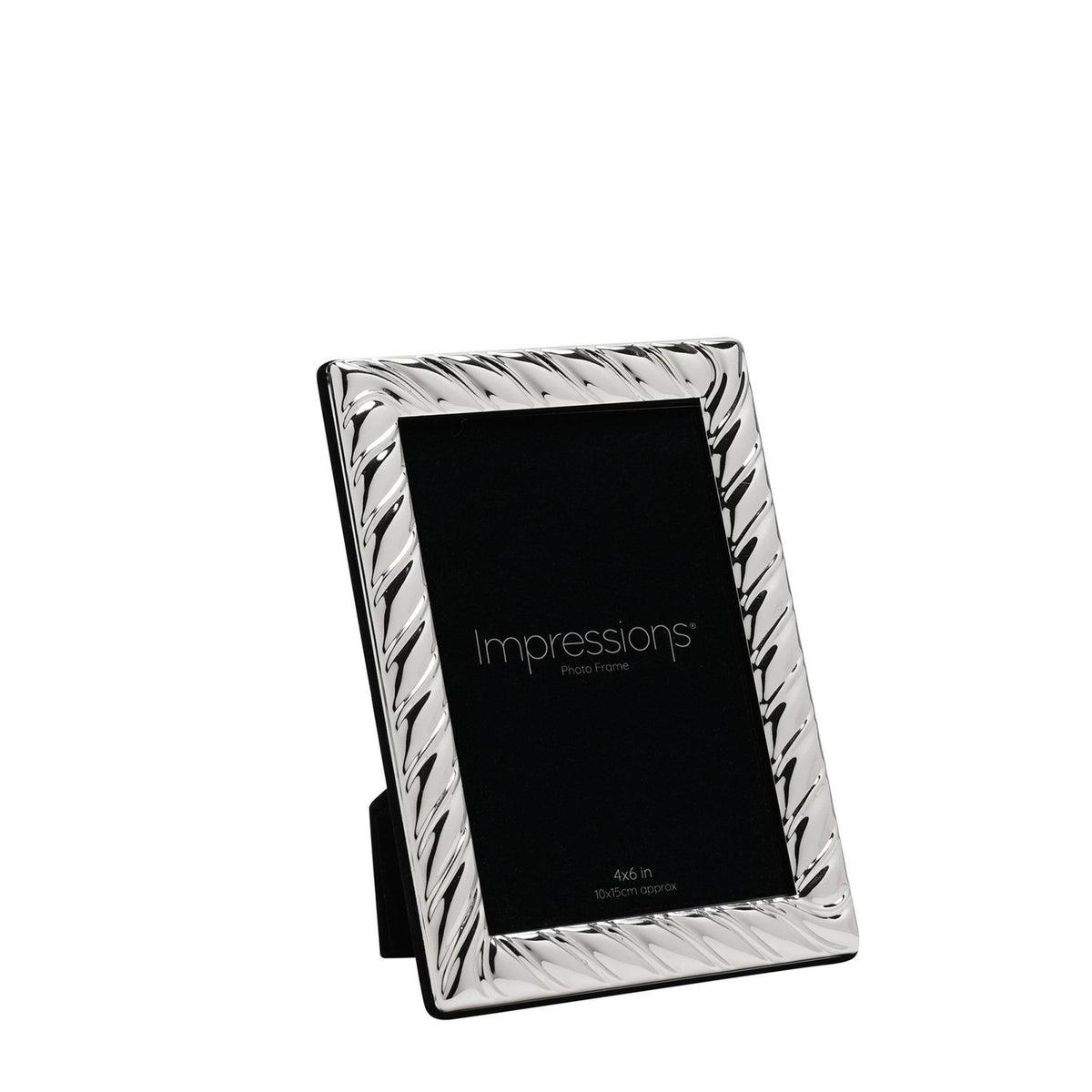 Silverplated rectangular photo frame with diagonal swirl textured border, bright silver finish, black backing and stand, shown against a plain white background.