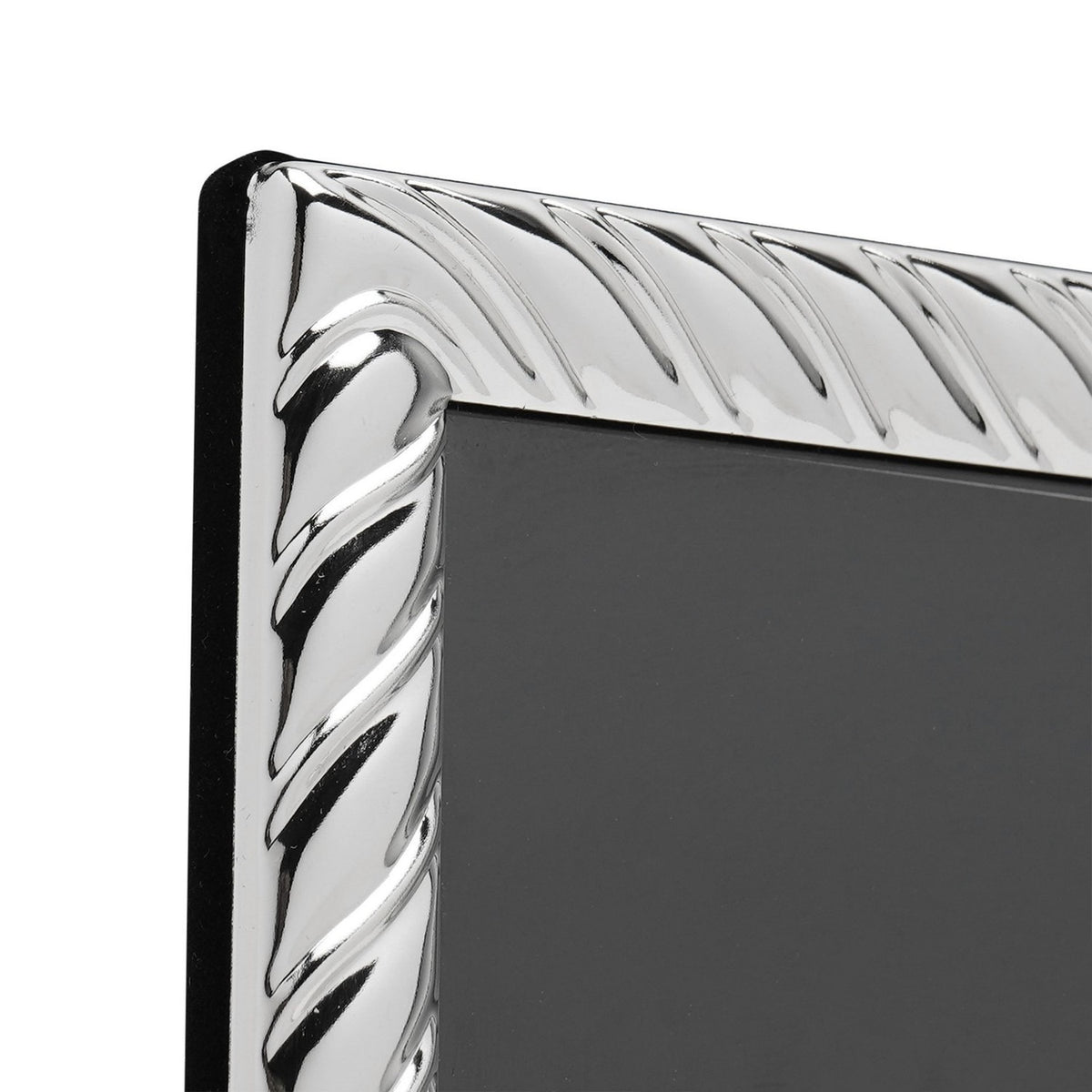 Close-up of a silverplated photo frame corner with a slanted swirl rope-textured border, rectangular metal design, and black backing, shown on a white background.