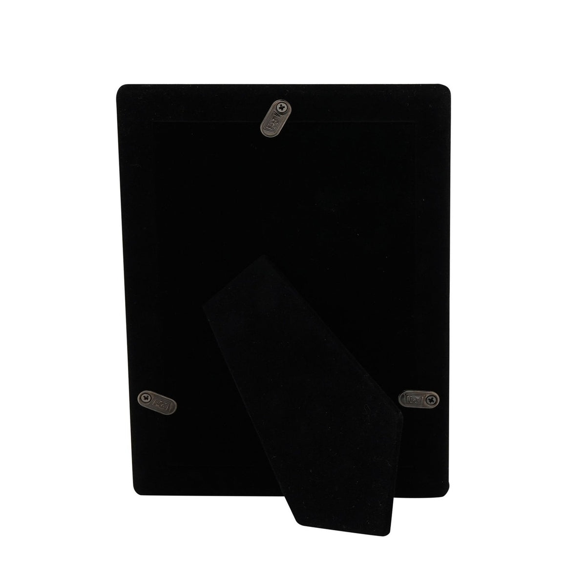 Back view of the Silverplated Swirl Textured Photo Frame showing the black velvet-lined panel, fold-out stand, and screw fittings, set against a white background.