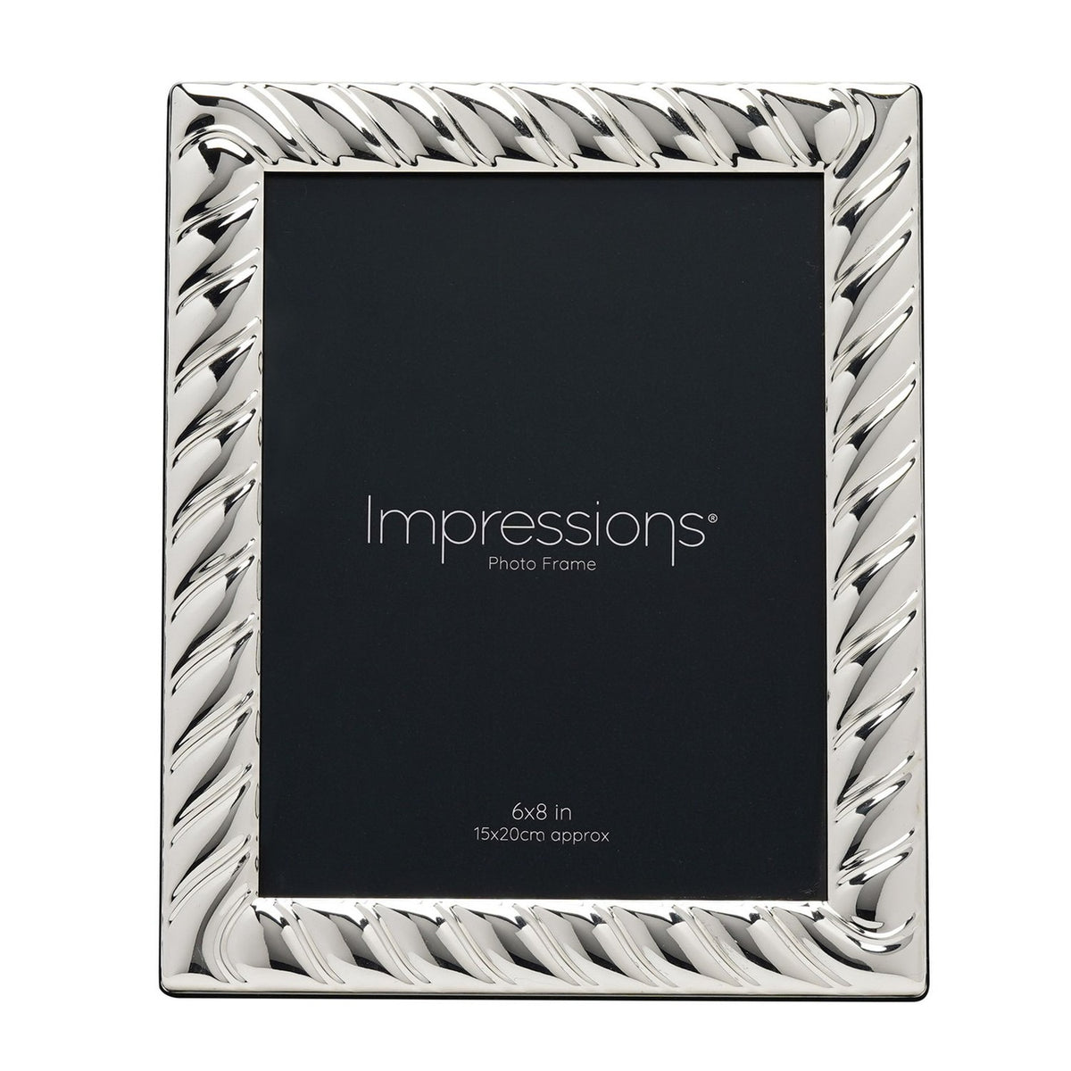 Rectangular silverplated photo frame with diagonal swirl-textured border, holding a black 6x8in insert card, shown upright on a plain background.