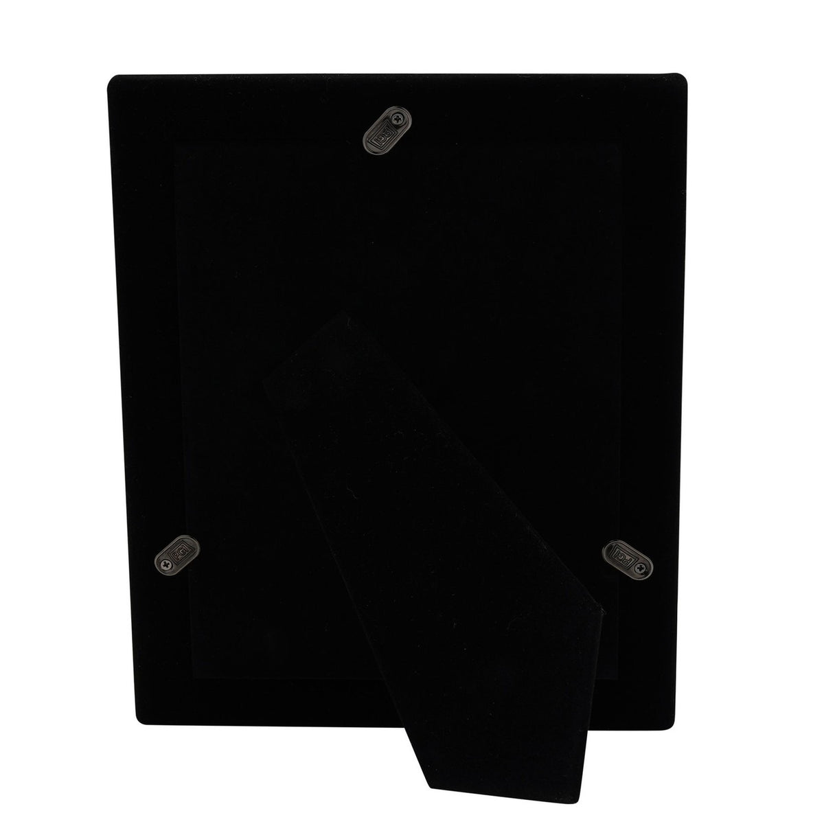 Back view of the Silverplated Swirl Textured Photo Frame showing the black panel, fold-out stand, and screw fixings on a plain white background.