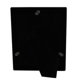 Back view of the Silverplated Swirl Textured Photo Frame showing the black panel, fold-out stand, and screw fixings on a plain white background.