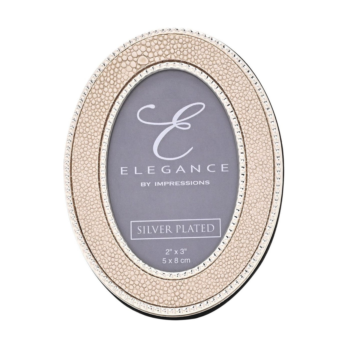 Oval photo frame with cream faux shagreen texture, silver-plated beaded edging, and a 2x3in opening, shown on a plain white background.