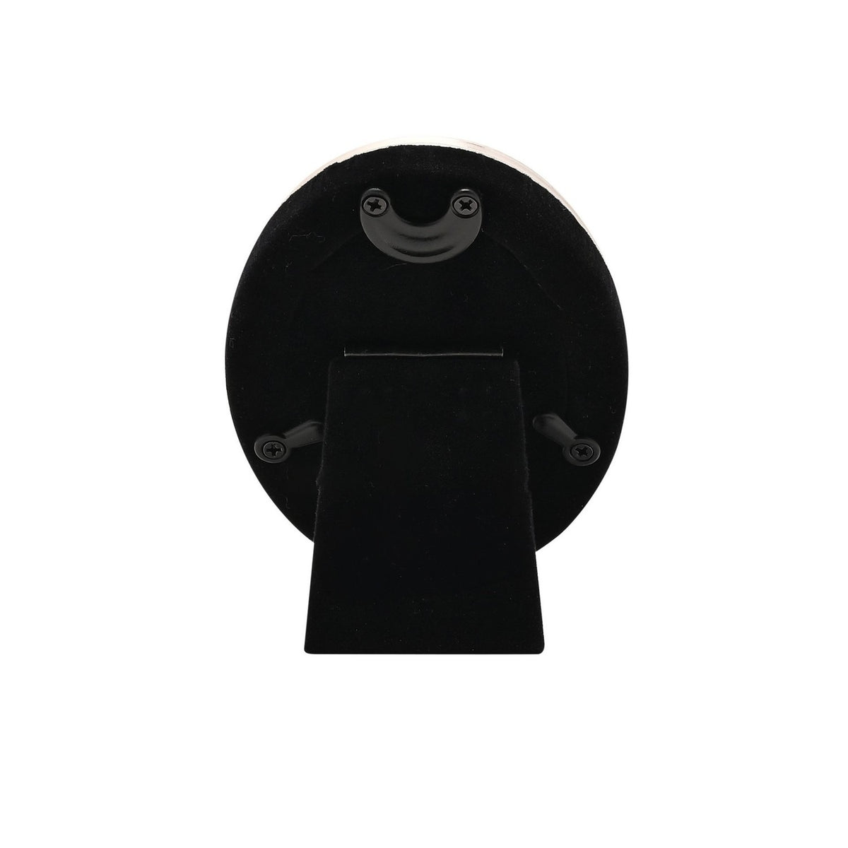 Rear view of the oval Metal Plated Faux Shagreen Photo Frame 3 x 2in in cream and black, showing a black velvet-lined back panel with fold-out stand and screw fittings on a white background.