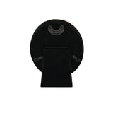 Rear view of the oval Metal Plated Faux Shagreen Photo Frame 3 x 2in in cream and black, showing a black velvet-lined back panel with fold-out stand and screw fittings on a white background.