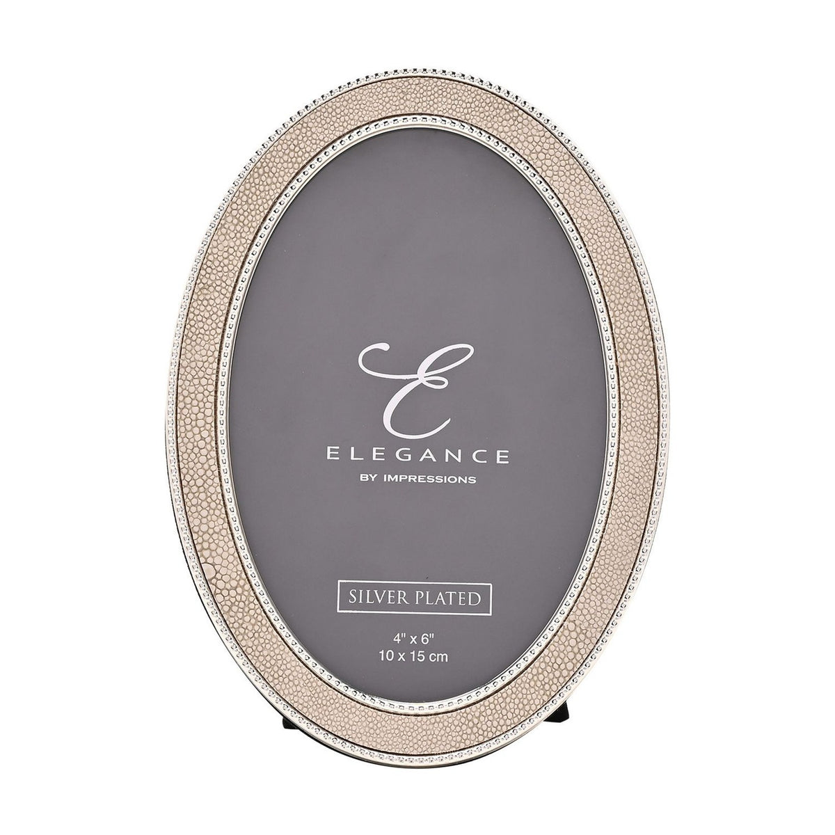Oval photo frame with cream faux shagreen border and silver-tone beaded edges, holding a 6 x 4in photo, shown on a plain white background.