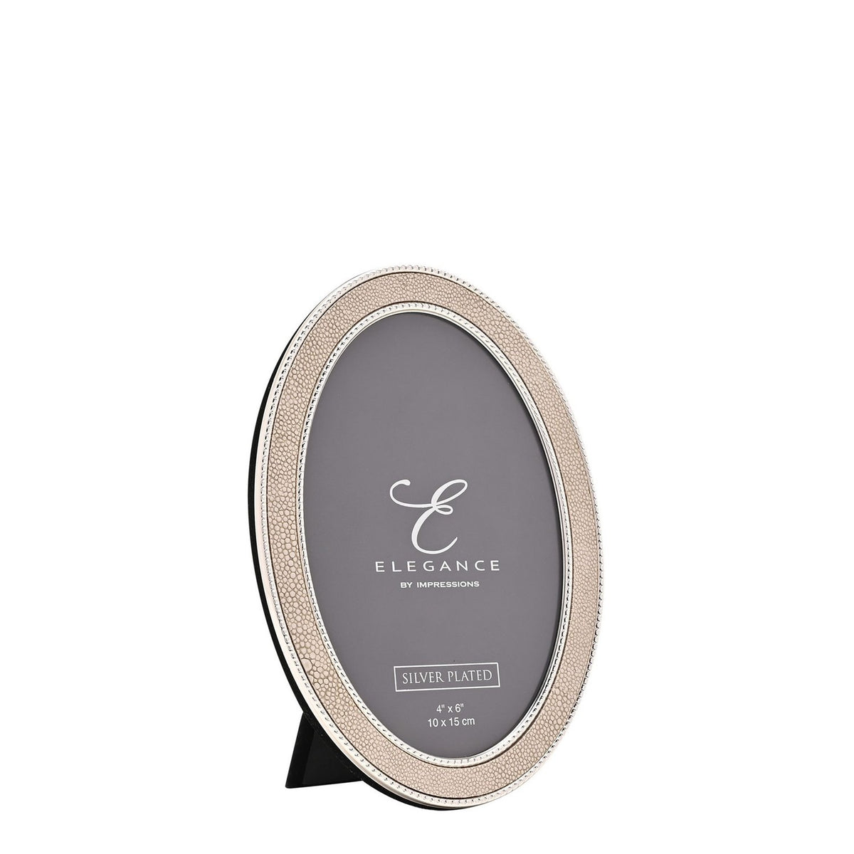 Oval photo frame with cream faux shagreen border and silver-tone beaded edging, holding a 4 x 6in print, shown on a plain white background.