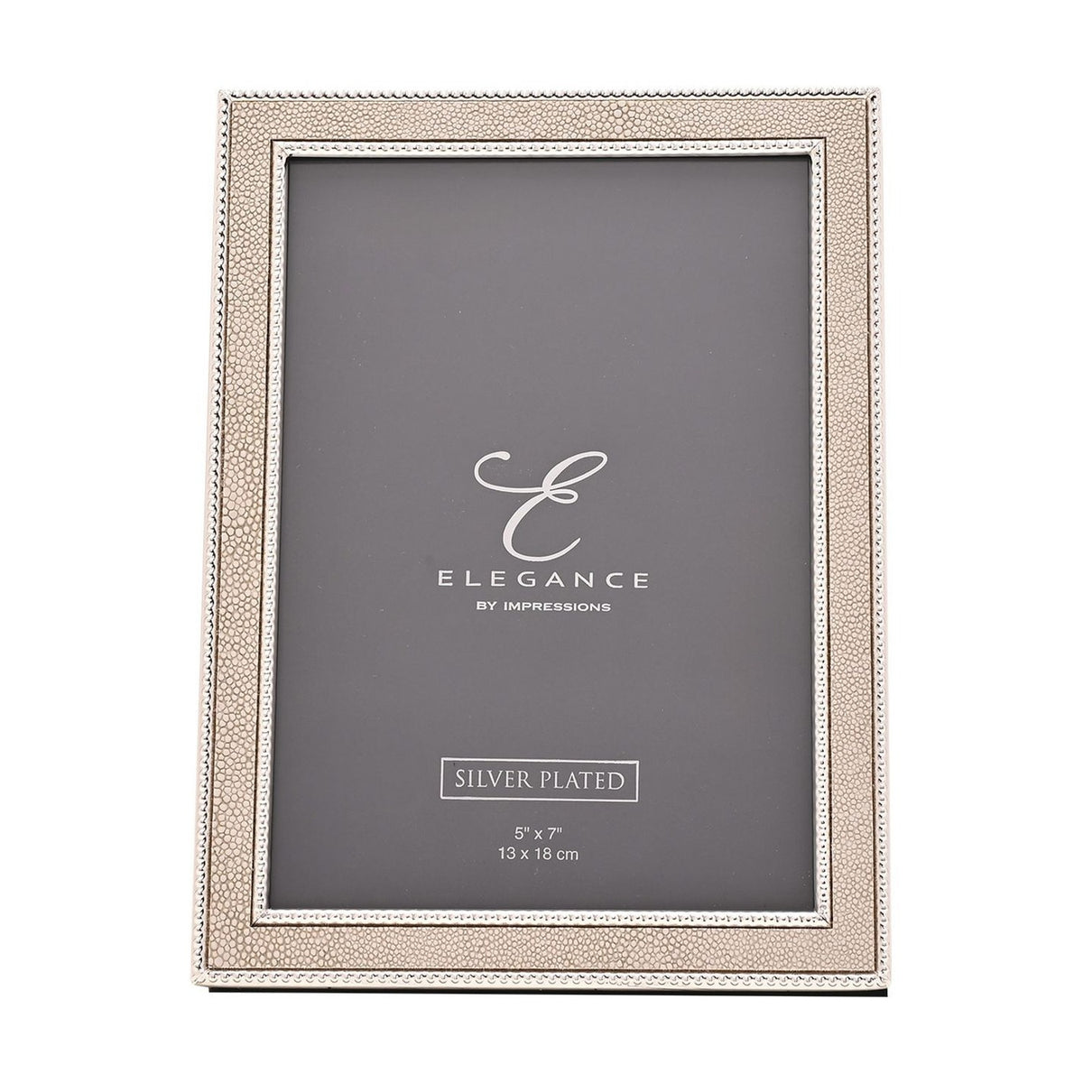 Rectangular photo frame with a champagne faux shagreen border and silver beaded edging, holding a 7 x 5in print, shown on a plain white background.