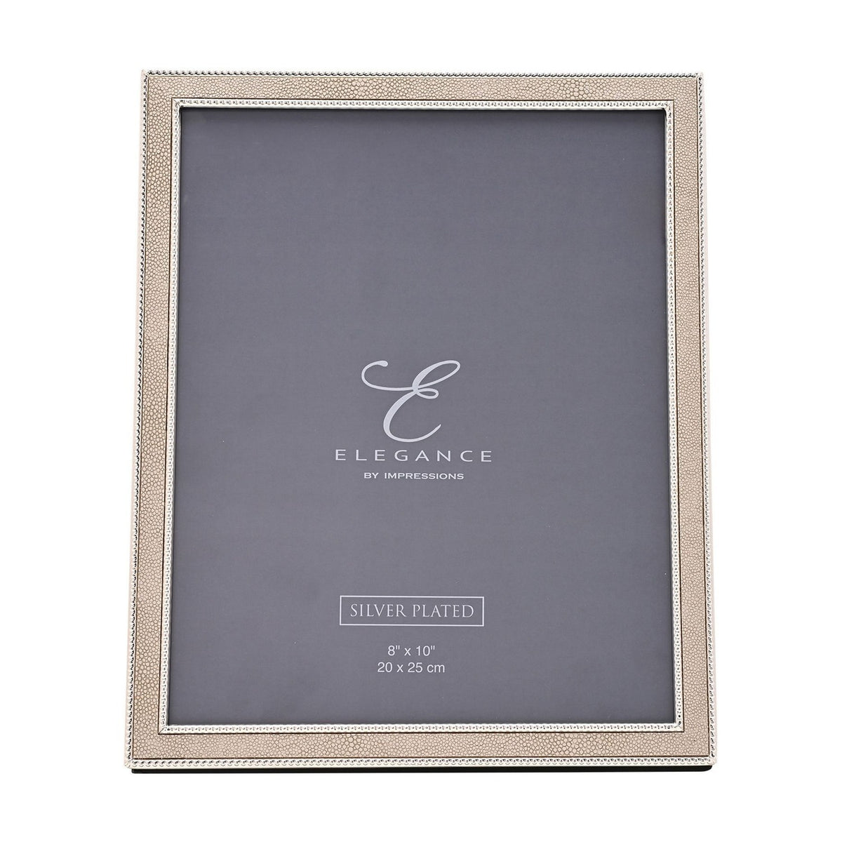 Rectangular photo frame with a pebbled faux shagreen border in silver-plated metal, edged with beaded trim, holding a grey 8x10in mat on a white background.