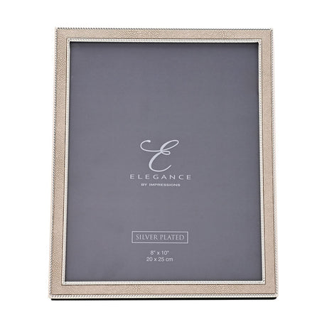 Rectangular photo frame with a pebbled faux shagreen border in silver-plated metal, edged with beaded trim, holding a grey 8x10in mat on a white background.