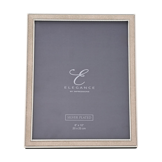 Rectangular photo frame with a pebbled faux shagreen border in silver-plated metal, edged with beaded trim, holding a grey 8x10in mat on a white background.