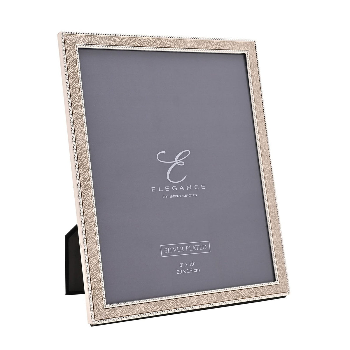 Rectangular photo frame with a pebbled champagne faux shagreen border edged in silver beading, holding a grey insert card, shown on a white background.