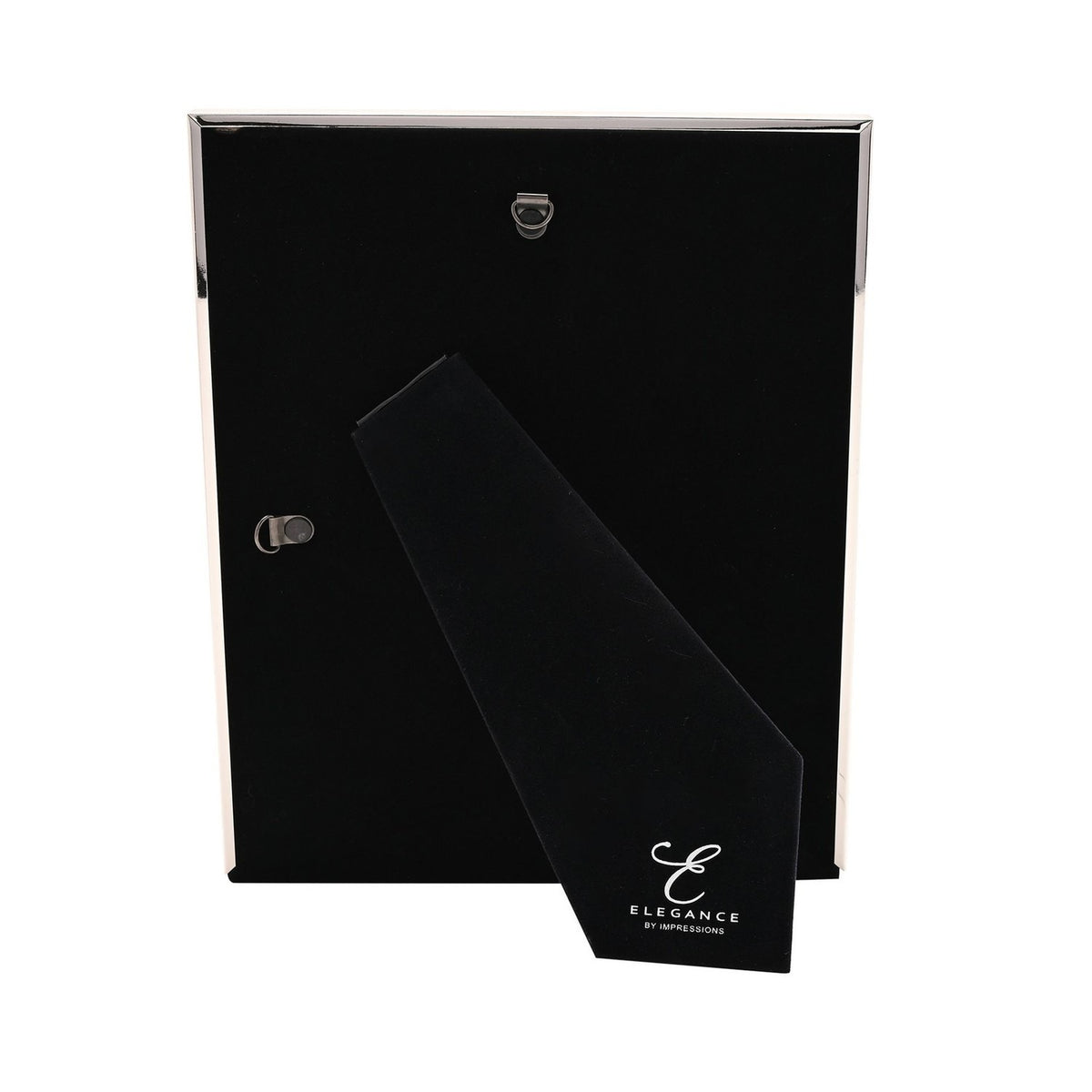 Rear view of the Faux Shagreen Plated Metal Photo Frame 10 x 8in in silver, showing the black velvet back panel, hinged stand, and hanging hook on a white background.