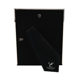 Rear view of the Faux Shagreen Plated Metal Photo Frame 10 x 8in in silver, showing the black velvet back panel, hinged stand, and hanging hook on a white background.