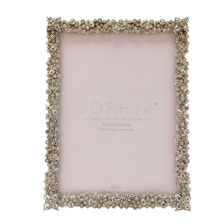 Jewelled Cluster Rectangular Metal Photo Frame in silver, with tiny floret clusters and clear faceted stones bordering the rectangular window, shown on a white background.