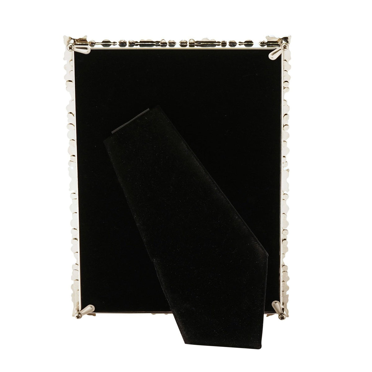 Jewelled Cluster Rectangular Metal Photo Frame in silver with floret and faceted stone border, shown back view with black velvet easel stand on a white background.