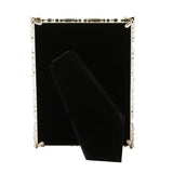 Jewelled Cluster Rectangular Metal Photo Frame in silver with floret and faceted stone border, shown back view with black velvet easel stand on a white background.