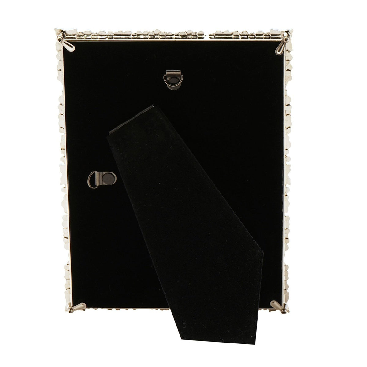 Back view of the Jewelled Cluster Rectangular Metal Photo Frame in silver, showing black velvet backing, hinged kickstand, and two hanging hooks.